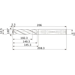 MVS1250X08S130 DP1020 12.5 mm Dia. × 13 mm Shank × 140.3 mm Flute Length × 208.3 mm OAL, 140°, 2 Flute, Coolant Thru, Solid Carbide Drill
