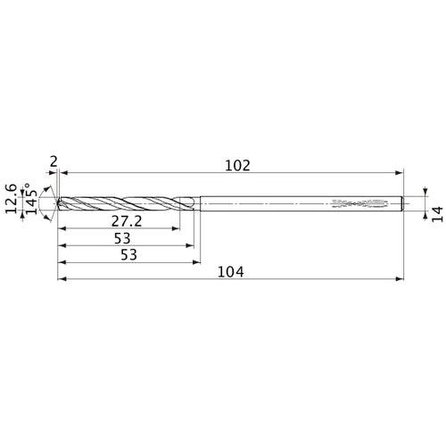 MVS1260X02S140PL DP1020 12.6 mm Dia. × 14 mm Shank × 53 mm Flute Length × 104 mm OAL, 145°, 2 Flute, Coolant Thru, Solid Carbide Drill