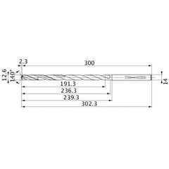MVS1260X15S140 DP1020 12.6 mm Dia. × 14 mm Shank × 236.3 mm Flute Length × 302.3 mm OAL, 140°, 2 Flute, Coolant Thru, Solid Carbide Drill