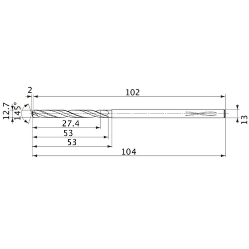 MVS1270X02S130PL DP1020 12.7 mm Dia. × 13 mm Shank × 53 mm Flute Length × 104 mm OAL, 145°, 2 Flute, Coolant Thru, Solid Carbide Drill