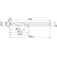 MVS1270X03S130 DP1020 12.7 mm Dia. × 13 mm Shank × 67.3 mm Flute Length × 130.3 mm OAL, 140°, 2 Flute, Coolant Thru, Solid Carbide Drill