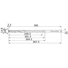 MVS1280X20S140 DP1020 12.8 mm Dia. × 14 mm Shank × 301.3 mm Flute Length × 367.3 mm OAL, 140°, 2 Flute, Coolant Thru, Solid Carbide Drill