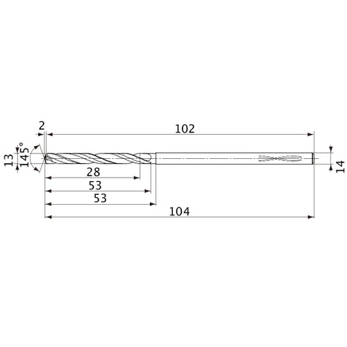 MVS1300X02S140PL DP1020 13 mm Dia. × 14 mm Shank × 53 mm Flute Length × 104 mm OAL, 145°, 2 Flute, Coolant Thru, Solid Carbide Drill