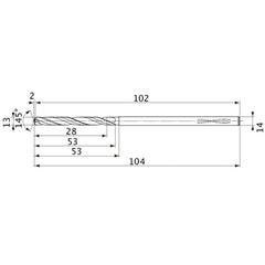 MVS1300X02S140PL DP1020 13 mm Dia. × 14 mm Shank × 53 mm Flute Length × 104 mm OAL, 145°, 2 Flute, Coolant Thru, Solid Carbide Drill