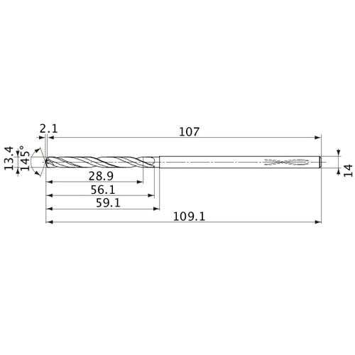 MVS1340X02S140PL DP1020 13.4 mm Dia. × 14 mm Shank × 56.1 mm Flute Length × 109.1 mm OAL, 145°, 2 Flute, Coolant Thru, Solid Carbide Drill