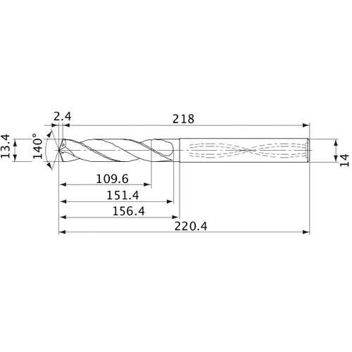 MVS1340X08S140 DP1020 13.4 mm Dia. × 14 mm Shank × 151.4 mm Flute Length × 220.4 mm OAL, 140°, 2 Flute, Coolant Thru, Solid Carbide Drill
