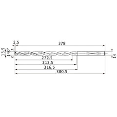 MVS1350X20S140 DP1020 13.5 mm Dia. × 14 mm Shank × 313.5 mm Flute Length × 380.5 mm OAL, 140°, 2 Flute, Coolant Thru, Solid Carbide Drill