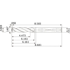 MVS1389X08S140 DP1020 0.5469″ Dia. × 0.551″ Shank × 6.161″ Flute Length × 8.681″ OAL, 140°, 2 Flute, Coolant Thru, Solid Carbide Drill