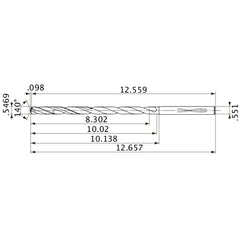 MVS1389X15S140 DP1020 0.5469″ Dia. × 0.551″ Shank × 10.02″ Flute Length × 12.657″ OAL, 140°, 2 Flute, Coolant Thru, Solid Carbide Drill