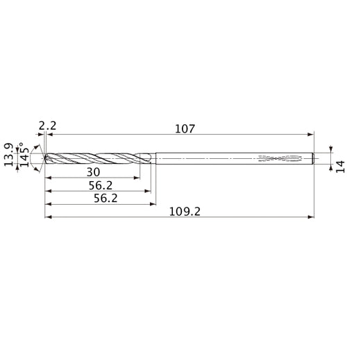 MVS1390X02S140PL DP1020 13.9 mm Dia. × 14 mm Shank × 56.2 mm Flute Length × 109.2 mm OAL, 145°, 2 Flute, Coolant Thru, Solid Carbide Drill