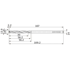 MVS1390X02S140PL DP1020 13.9 mm Dia. × 14 mm Shank × 56.2 mm Flute Length × 109.2 mm OAL, 145°, 2 Flute, Coolant Thru, Solid Carbide Drill