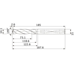 MVS1410X05S150 DP1020 14.1 mm Dia. × 15 mm Shank × 118.6 mm Flute Length × 187.6 mm OAL, 140°, 2 Flute, Coolant Thru, Solid Carbide Drill