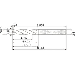 MVS1429X08S160 DP1020 9/16″ Dia. × 0.63″ Shank × 6.402″ Flute Length × 8.961″ OAL, 140°, 2 Flute, Coolant Thru, Solid Carbide Drill