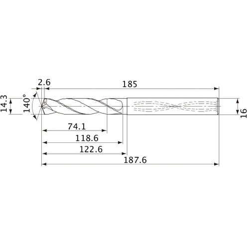 MVS1430X05S160 DP1020 14.3 mm Dia. × 16 mm Shank × 118.6 mm Flute Length × 187.6 mm OAL, 140°, 2 Flute, Coolant Thru, Solid Carbide Drill