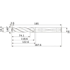 MVS1430X05S160 DP1020 14.3 mm Dia. × 16 mm Shank × 118.6 mm Flute Length × 187.6 mm OAL, 140°, 2 Flute, Coolant Thru, Solid Carbide Drill