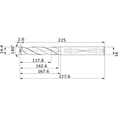 MVS1440X08S160 DP1020 14.4 mm Dia. × 16 mm Shank × 162.6 mm Flute Length × 227.6 mm OAL, 140°, 2 Flute, Coolant Thru, Solid Carbide Drill