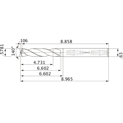 MVS1468X08S160 DP1020 0.5781″ Dia. × 0.63″ Shank × 6.602″ Flute Length × 8.965″ OAL, 140°, 2 Flute, Coolant Thru, Solid Carbide Drill