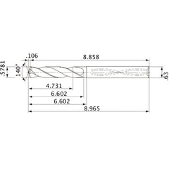 MVS1468X08S160 DP1020 0.5781″ Dia. × 0.63″ Shank × 6.602″ Flute Length × 8.965″ OAL, 140°, 2 Flute, Coolant Thru, Solid Carbide Drill