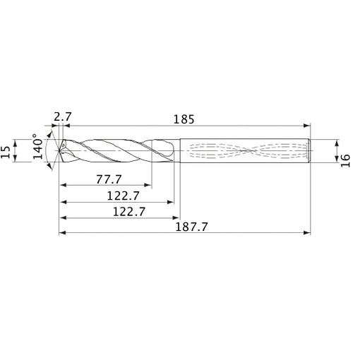 MVS1500X05S160 DP1020 15 mm Dia. × 16 mm Shank × 122.7 mm Flute Length × 187.7 mm OAL, 140°, 2 Flute, Coolant Thru, Solid Carbide Drill