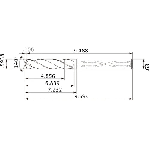 MVS1508X08S160 DP1020 0.5938″ Dia. × 0.63″ Shank × 6.839″ Flute Length × 9.594″ OAL, 140°, 2 Flute, Coolant Thru, Solid Carbide Drill