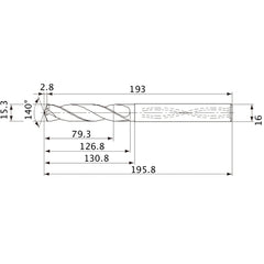 MVS1530X05S160 DP1020 15.3 mm Dia. × 16 mm Shank × 126.8 mm Flute Length × 195.8 mm OAL, 140°, 2 Flute, Coolant Thru, Solid Carbide Drill
