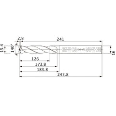 MVS1540X08S160 DP1020 15.4 mm Dia. × 16 mm Shank × 173.8 mm Flute Length × 243.8 mm OAL, 140°, 2 Flute, Coolant Thru, Solid Carbide Drill