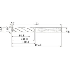 MVS1550X05S160 DP1020 15.5 mm Dia. × 16 mm Shank × 126.8 mm Flute Length × 195.8 mm OAL, 140°, 2 Flute, Coolant Thru, Solid Carbide Drill