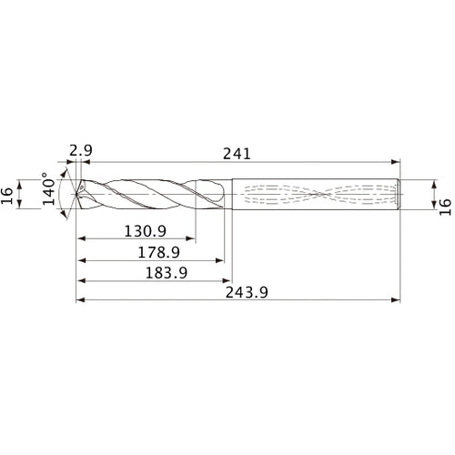 MVS1600X08S160 DP1020 16 mm Dia. × 16 mm Shank × 178.9 mm Flute Length × 243.9 mm OAL, 140°, 2 Flute, Coolant Thru, Solid Carbide Drill