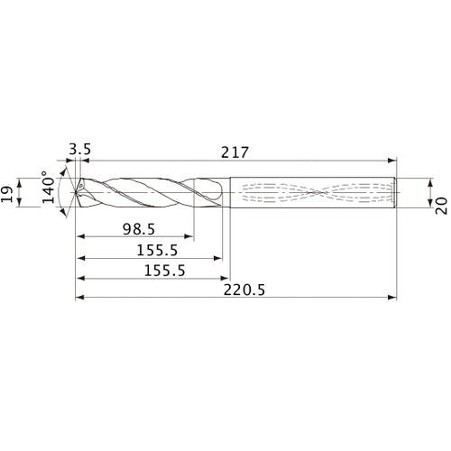 MVS1900X05S200 DP1020 19 mm Dia. × 20 mm Shank × 155.5 mm Flute Length × 220.5 mm OAL, 140°, 2 Flute, Coolant Thru, Solid Carbide Drill