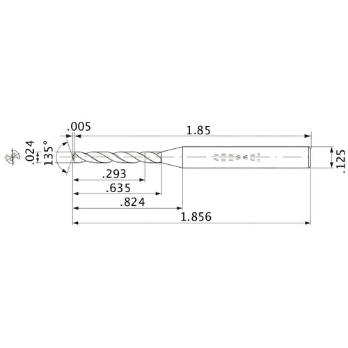 MWS00240XB VP15TF 0.024″ Dia. × 1/8″ Shank × 0.635″ Flute Length × 1.856″ OAL, 135°, 2 Flute, Coolant Thru, Solid Carbide Drill