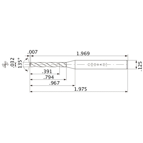 MWS00320XB VP15TF 0.032″ Dia. × 1/8″ Shank × 0.794″ Flute Length × 1.975″ OAL, 135°, 2 Flute, Coolant Thru, Solid Carbide Drill