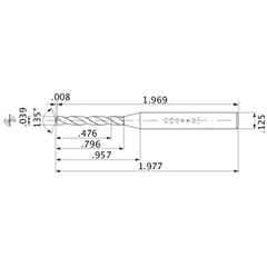MWS00390XB VP15TF 0.039″ Dia. × 1/8″ Shank × 0.796″ Flute Length × 1.977″ OAL, 135°, 2 Flute, Coolant Thru, Solid Carbide Drill