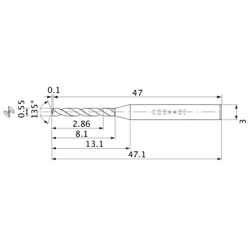 MWS0055LB VP15TF 0.55 mm Dia. × 3 mm Shank × 8.1 mm Flute Length × 47.1 mm OAL, 135°, 2 Flute, Coolant Thru, Solid Carbide Drill