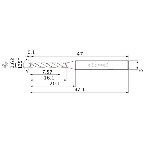 MWS0062XB VP15TF 0.62 mm Dia. × 3 mm Shank × 16.1 mm Flute Length × 47.1 mm OAL, 135°, 2 Flute, Coolant Thru, Solid Carbide Drill