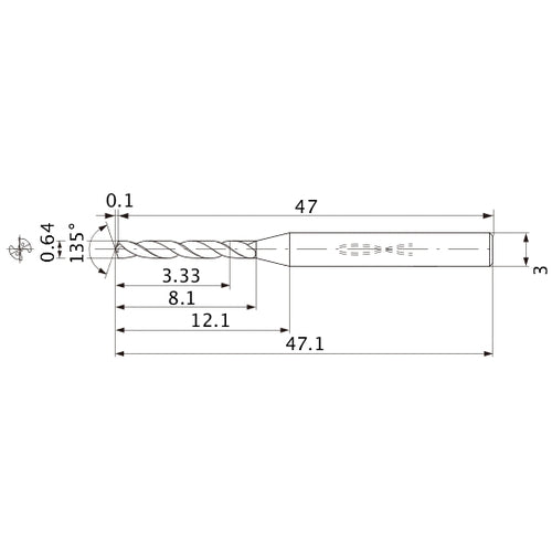 MWS0064LB VP15TF 0.64 mm Dia. × 3 mm Shank × 8.1 mm Flute Length × 47.1 mm OAL, 135°, 2 Flute, Coolant Thru, Solid Carbide Drill