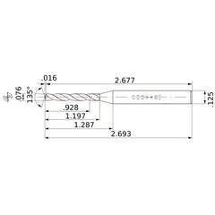 MWS00760XB VP15TF 0.076″ Dia. × 1/8″ Shank × 1.197″ Flute Length × 2.693″ OAL, 135°, 2 Flute, Coolant Thru, Solid Carbide Drill