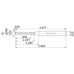 MWS00785XB VP15TF 0.0785″ Dia. × 1/8″ Shank × 1.197″ Flute Length × 2.693″ OAL, 135°, 2 Flute, Coolant Thru, Solid Carbide Drill