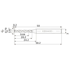 MWS0079XB VP15TF 0.79 mm Dia. × 3 mm Shank × 20.2 mm Flute Length × 50.2 mm OAL, 135°, 2 Flute, Coolant Thru, Solid Carbide Drill