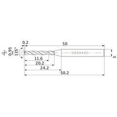 MWS0095XB VP15TF 0.95 mm Dia. × 3 mm Shank × 20.2 mm Flute Length × 50.2 mm OAL, 135°, 2 Flute, Coolant Thru, Solid Carbide Drill
