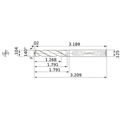 MWS01040XB VP15TF 0.104″ Dia. × 1/8″ Shank × 1.791″ Flute Length × 3.209″ OAL, 140°, 2 Flute, Coolant Thru, Solid Carbide Drill