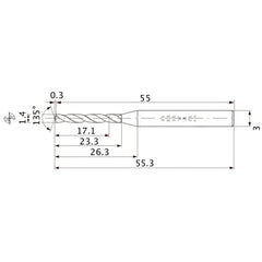 MWS0140XB VP15TF 1.4 mm Dia. × 3 mm Shank × 23.3 mm Flute Length × 55.3 mm OAL, 135°, 2 Flute, Coolant Thru, Solid Carbide Drill