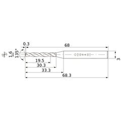 MWS0160XB VP15TF 1.6 mm Dia. × 3 mm Shank × 30.3 mm Flute Length × 68.3 mm OAL, 135°, 2 Flute, Coolant Thru, Solid Carbide Drill