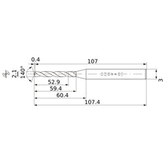 MWS0210X25DB VP15TF 2.1 mm Dia. × 3 mm Shank × 59.4 mm Flute Length × 107.4 mm OAL, 140°, 2 Flute, Coolant Thru, Solid Carbide Drill