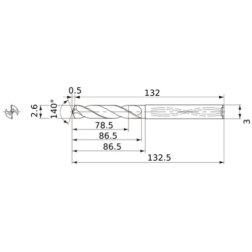 MWS0260X30DB VP15TF 2.6 mm Dia. × 3 mm Shank × 86.5 mm Flute Length × 132.5 mm OAL, 140°, 2 Flute, Coolant Thru, Solid Carbide Drill