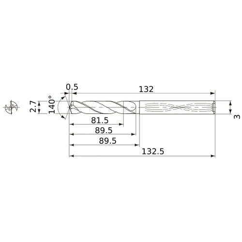 MWS0270X30DB VP15TF 2.7 mm Dia. × 3 mm Shank × 89.5 mm Flute Length × 132.5 mm OAL, 140°, 2 Flute, Coolant Thru, Solid Carbide Drill