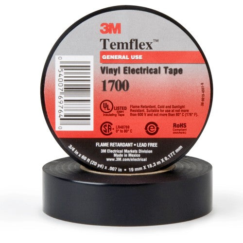 ‎3M Temflex Vinyl Electrical Tape 1700 3/4″ × 36 yd 1-1/2″ Core Black - USA Tool & Supply