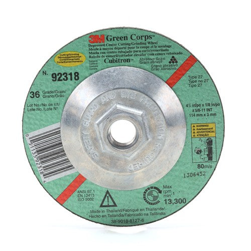 ‎3M Green Corps Cutting/Grinding Wheel T27 4-1/2″ × 1/8″ × 5/8-11 Internal 36 Grit - USA Tool & Supply