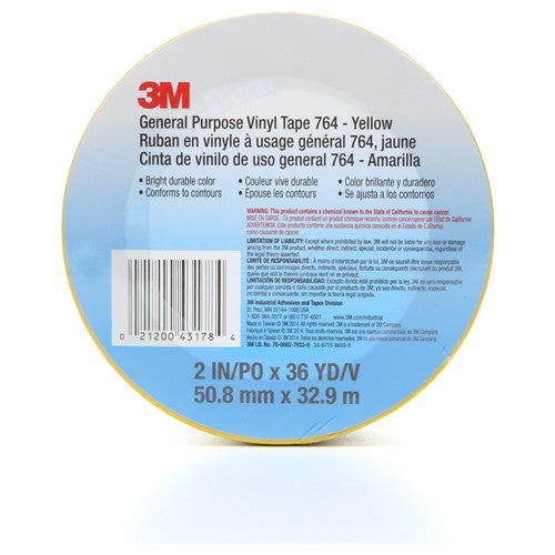 3M General Purpose Vinyl Tape 764 Yellow 2″ × 36 yd 5 mil Individually Wrapped Conveniently Packaged - USA Tool & Supply