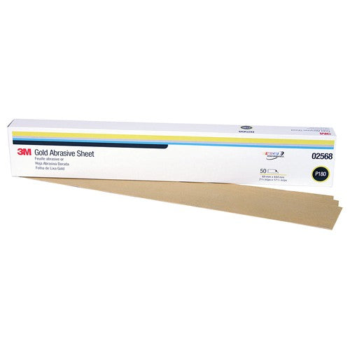 3M Gold Abrasive Sheet 02568 P180 grade 2 3/4″ × 17 1/2″ 50 sheets per pack - USA Tool & Supply