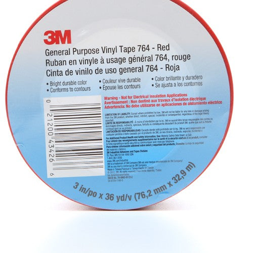 3M General Purpose Vinyl Tape 764 Red 3″ × 36 yd 5 mil Individually Wrapped Conveniently Packaged - USA Tool & Supply